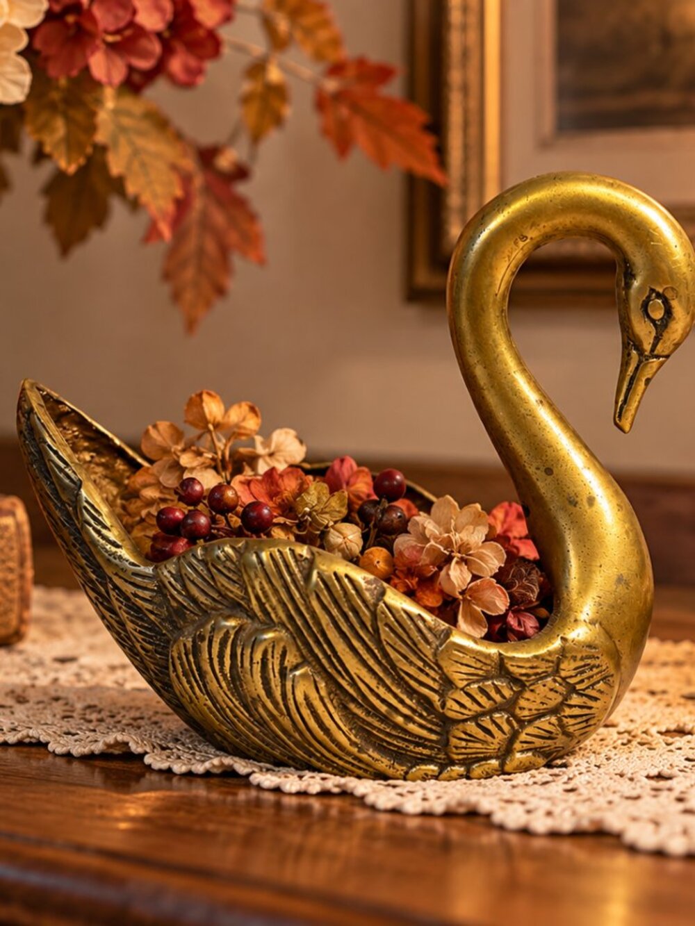 Vintage Solid Brass Swan Planter Trinket Dish 5” Patina Bird Decor